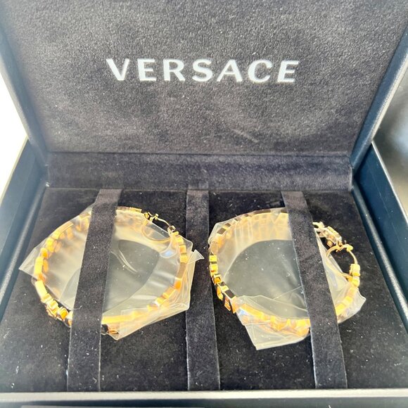 Versace Logo Hoop Earrings Gold Tone - Picture 8 of 10